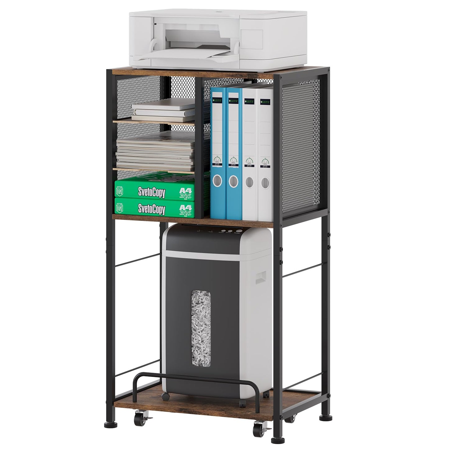 EasyPAG 4 Compartments Metal Wood Floor Standing Printer stand with Storage,Printer Table with Movable Pull-out Shelf Trolley,Printer Shelf for Fax