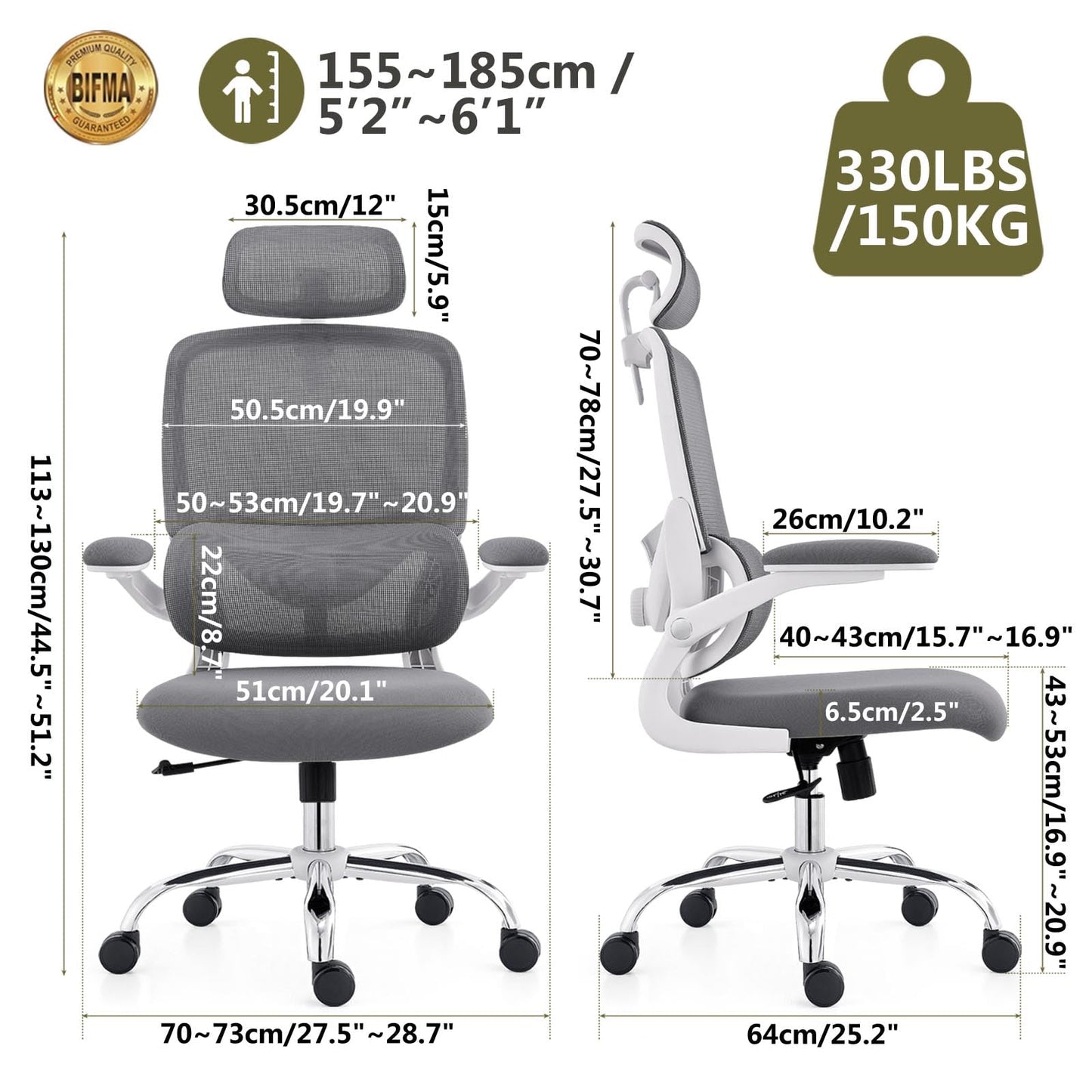 TONFARY Ergonomic Mesh Office Chair with Adjustable Lumbar, Space-saving