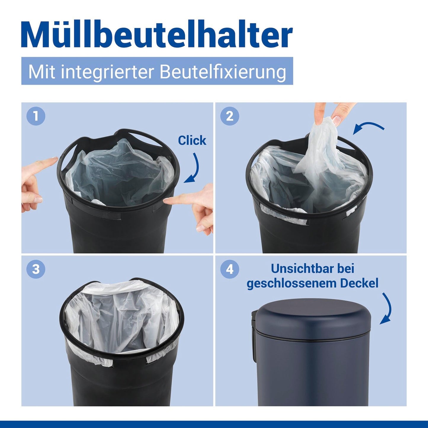 WENKO Leman pedal bin, 3 liters, with removable insert, made of painted steel, 17 x 25 x 22.5 cm, dark blue matt