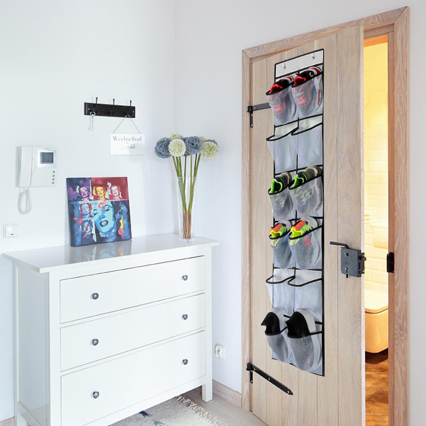 CORTNEY Over the Door Hanging Shoe Storage Holder Organizer, 12 Large Mesh Pockets, 2 Hooks for Shoe & Gadget Storage