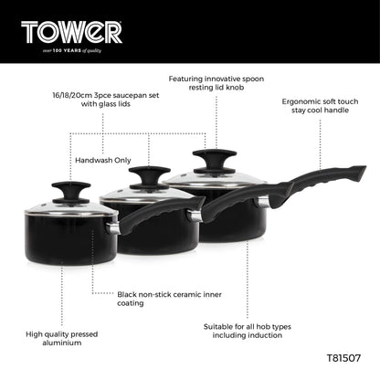 Tower T81507 Essentials Induction Pot Set, Non Stick Ceramic Coating, Easy to Clean, Dishwasher Safe, Black, 3 Piece, 16/18/20 cm