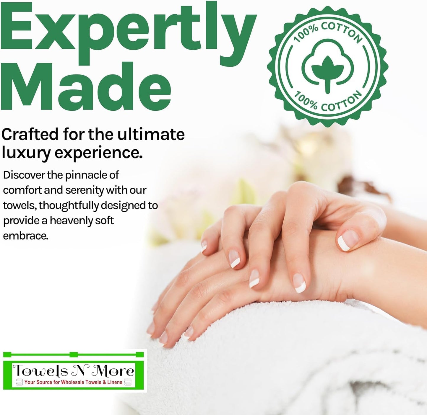 Towels N More 15X25 Hand Towels - 24 Pack White Soft 100% Cotton Ring Spun Loops - Highly Absorbent and Quick Drying Premium Fluffy and Plush Linen