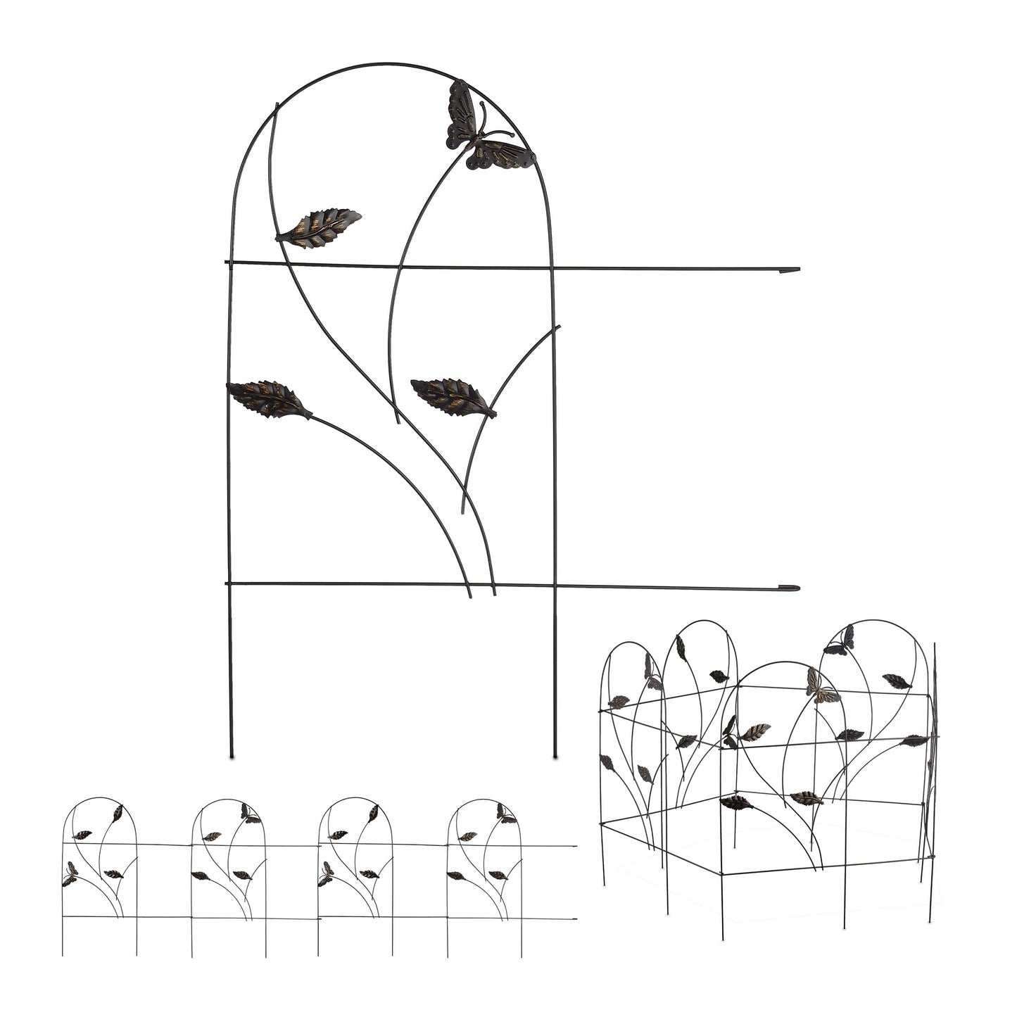 Relaxdays Garden Edging, 5 Piece Set, HxW: 46 x 250 cm, Decorative, Flowerbed Border, Butterfly Design, Metal, Black