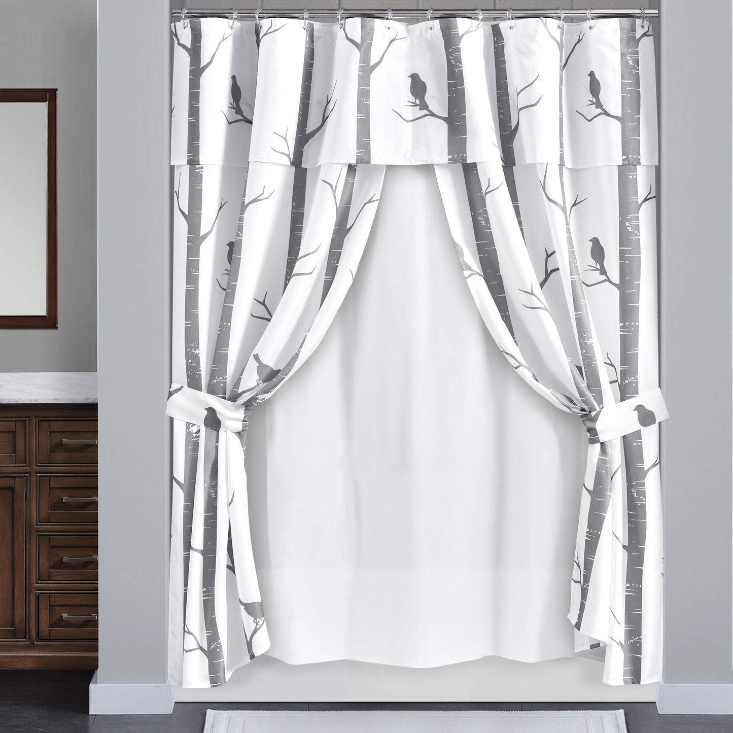 Lush Decor Bird On The Tree Double Swag Shower Curtain with Peva Lining & Rings, Gray, 16 Pieces