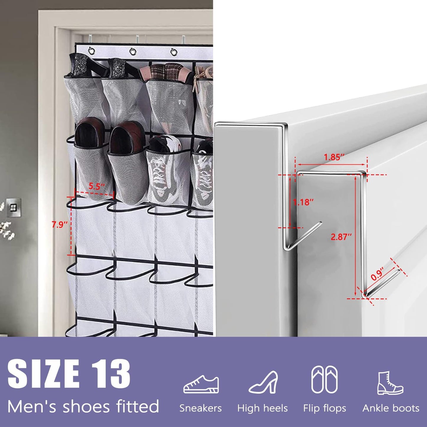 BONAVCY Over the Door Shoe Storage, Hanging Shoe Rack with 24 Mesh Pockets