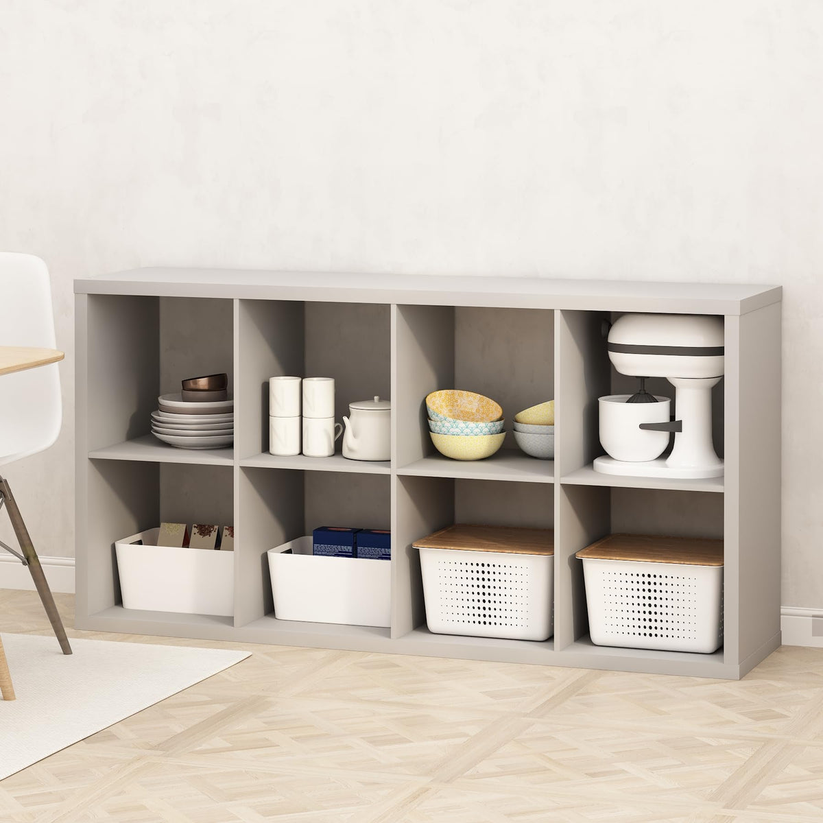 Furinno HERMITE Kitchen Island, 8-Cube Coffee Bar, Kitchen Storage, Bakers Rack, for Pantry Organizers and Storage, Kitchen Organization, Pale Grey