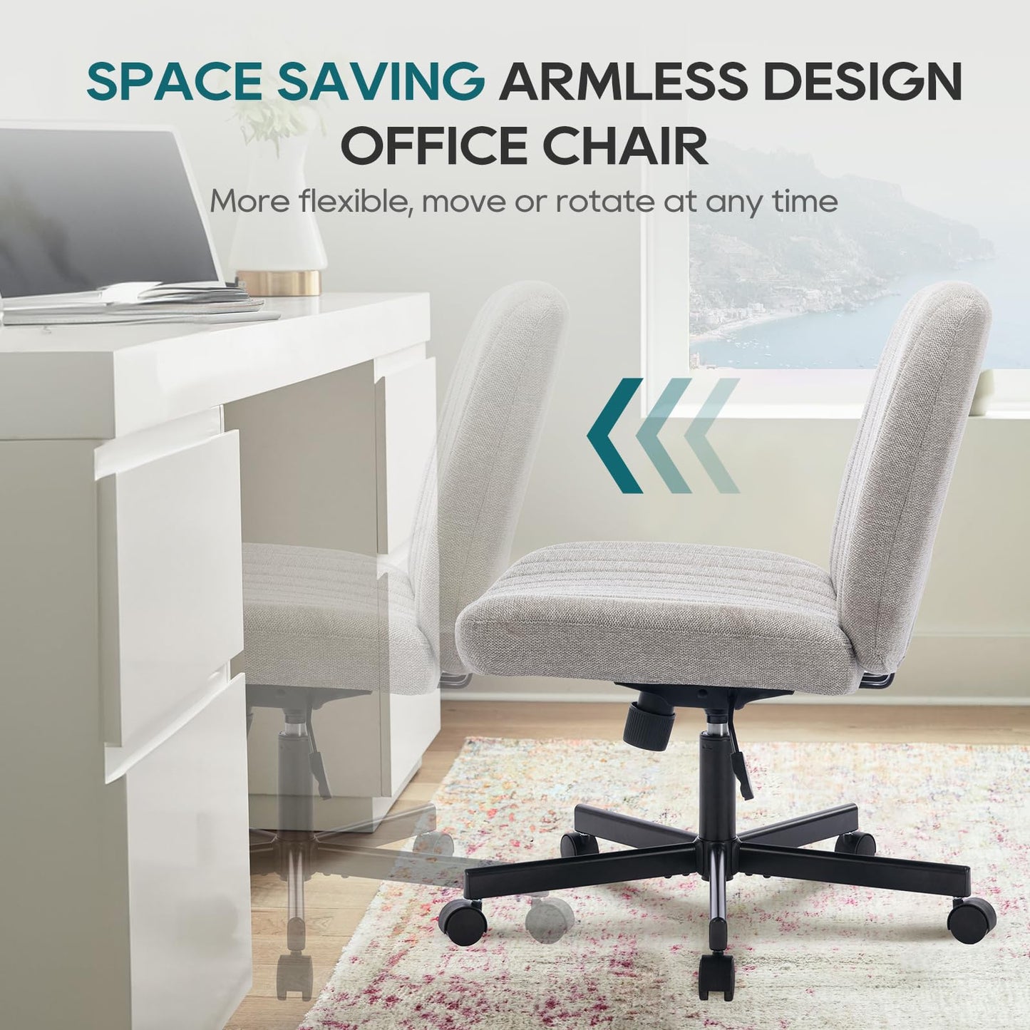 COLAMY Wide Office Chair, Padded Armless Task Vanity Chair Swivel Home Office Desk Chair 115°Rocking Mid Back Ergonomic Computer Chair for Home