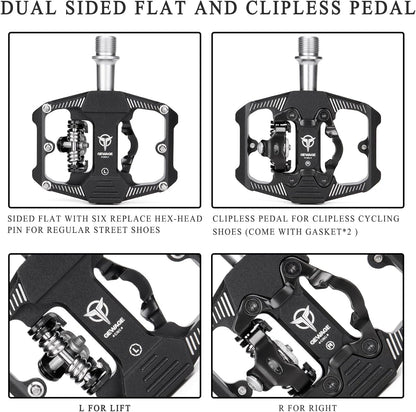 GEWAGE Mountain Bike Pedals - Dual Function Flat and SPD Pedal - 3 Sealed Bearing Platform Pedals SPD Compatible, Bicycle Pedals for BMX Spin Exercise