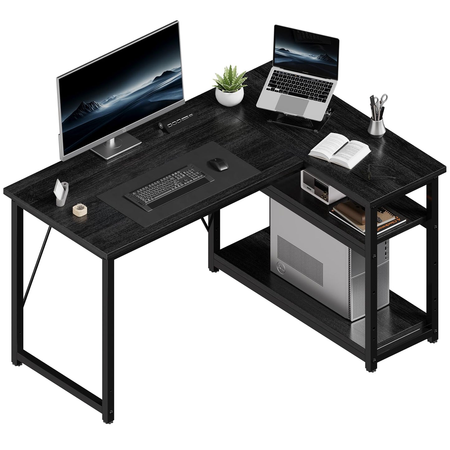 JUMMICO Small L Shaped Desk 100x80cm with Storage, Corner Computer Desk with Reversible Shelf, Sturdy Office Desk & Workstations for Home Office