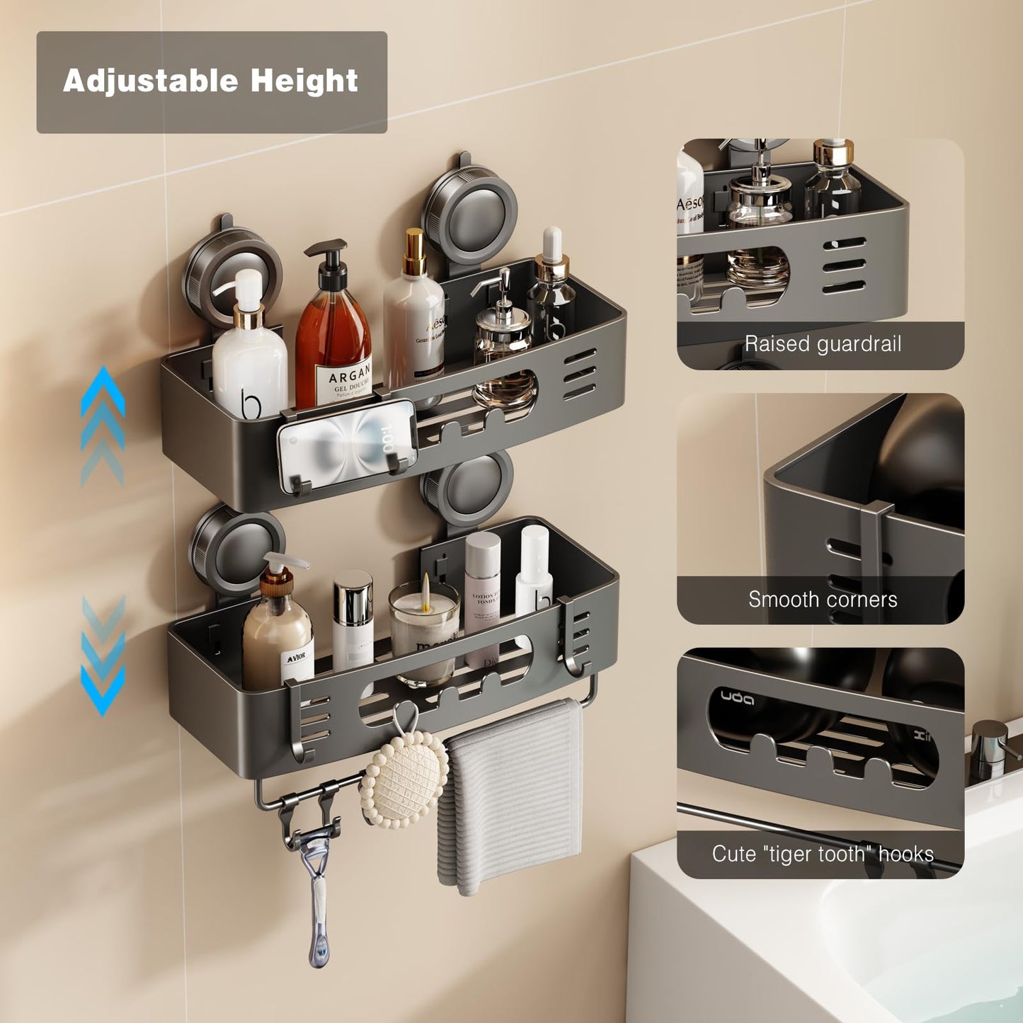 Voldra Shower Caddy Suction Cup, Adhesive Bathroom Shelves Shower Storage Wall Mounted Aluminum Bathroom Caddy Stick on Shower Organiser Rack With 4