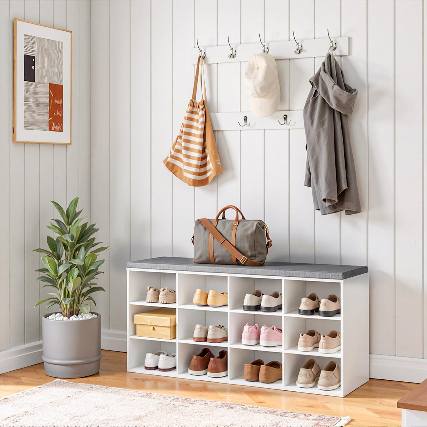 HOOBRO Shoe Storage Bench with Cushion and Coat Hooks, Shoe Rack Bench with Padded Seat, 100 cm Coat Rack for Hallway, 12 Compartments