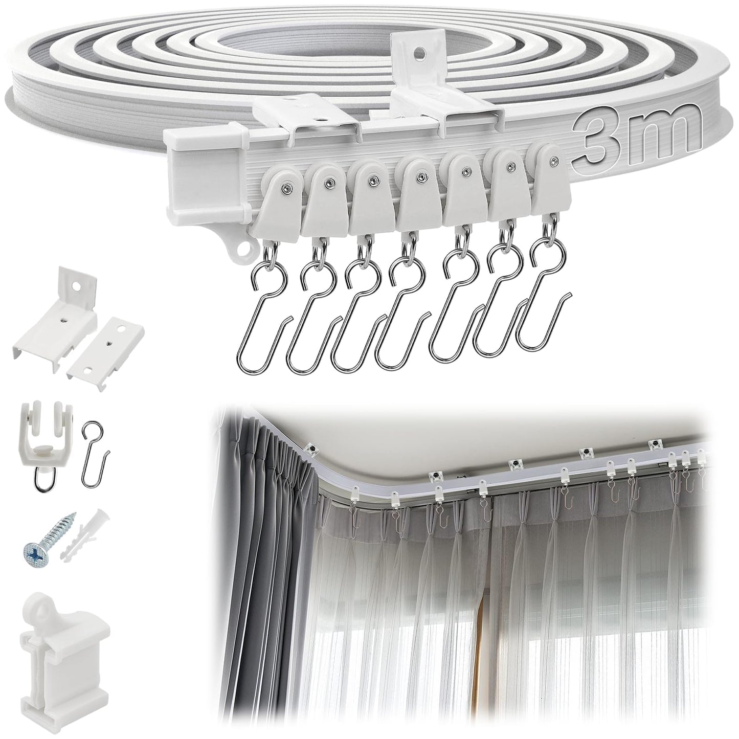 SWTYExt Ceiling Curtain Track 3m/9.8Ft Bay Window Curtain Track Flexible Rail Bendable Ceiling Rail Bay Window Rail for Shower Corner Caravan