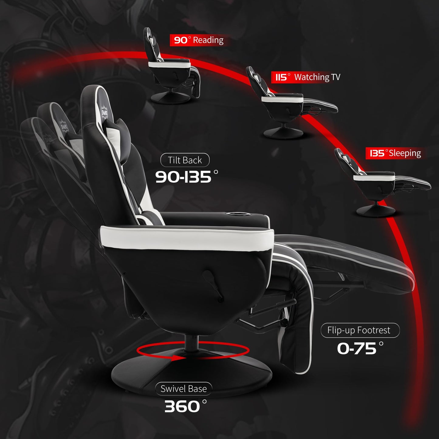 S*MAX Gaming Recliner Chair Ergonomic High Back Wide Lumbar Support Swivel PU Leather Cup Holder Adjustable Backrest Footrest Gaming Chair for Adults