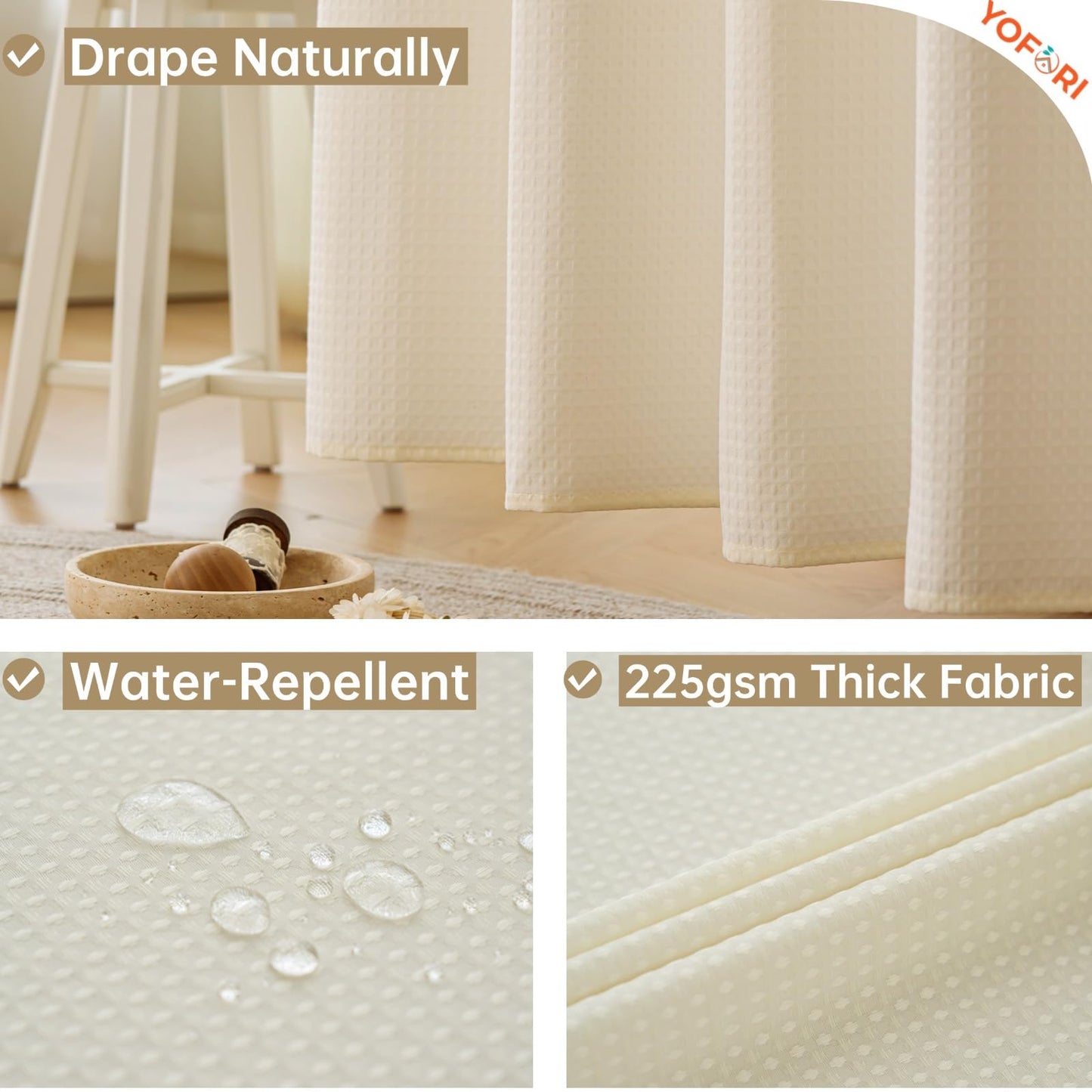 Yofori Hookless Shower Curtain with Snap in Fabric Liner Set, Waffle Shower Curtain with See Through Top Window Wet Room Shower Curtains for Bathroom