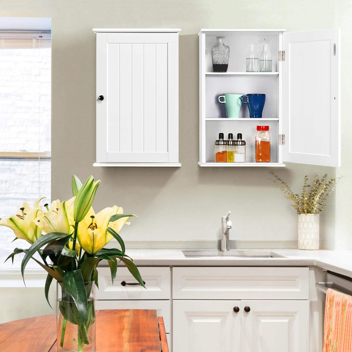 Yaheetech Bathroom Wall Cabinet 3-Height Adjustable Shelf, 1 Door, White