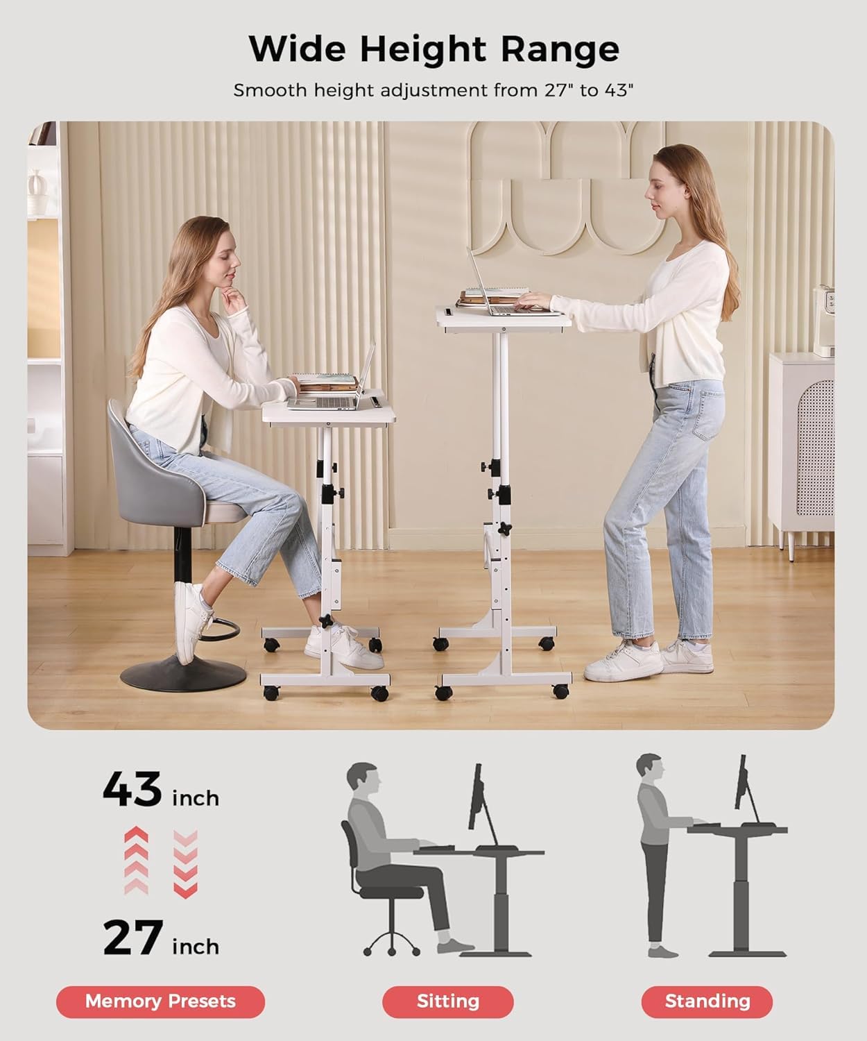 KLSMYHOKI Standing Desk Adjustable Height, Mobile Stand Up Desk with Wheels Small Computer Desks, Home Office Desk, Rolling Desks