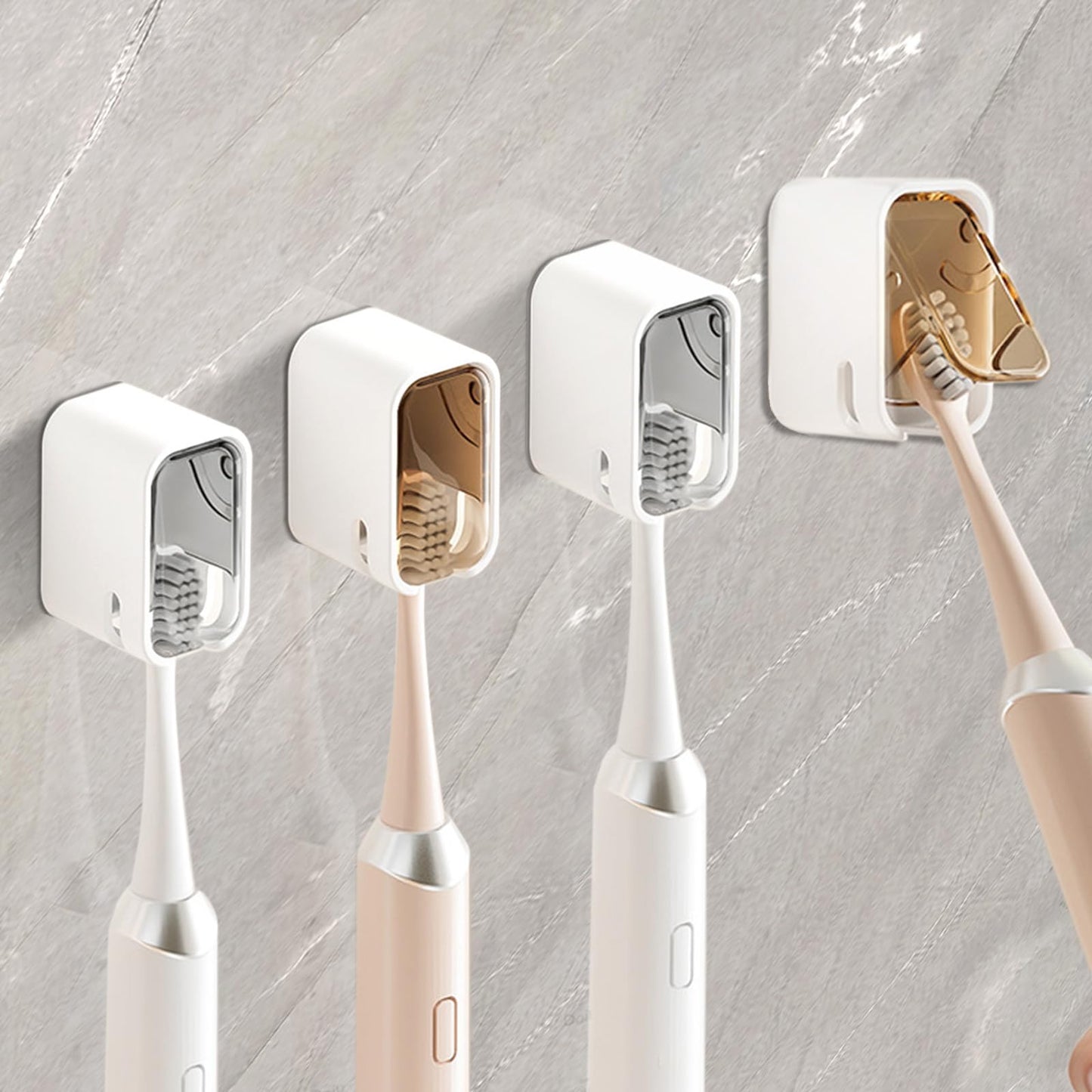 4pcs Toothbrush Holders Wall Mounted with Cover, Self Adhesive Tooth Brush Holder, Toothbrush Holders for Bathroom