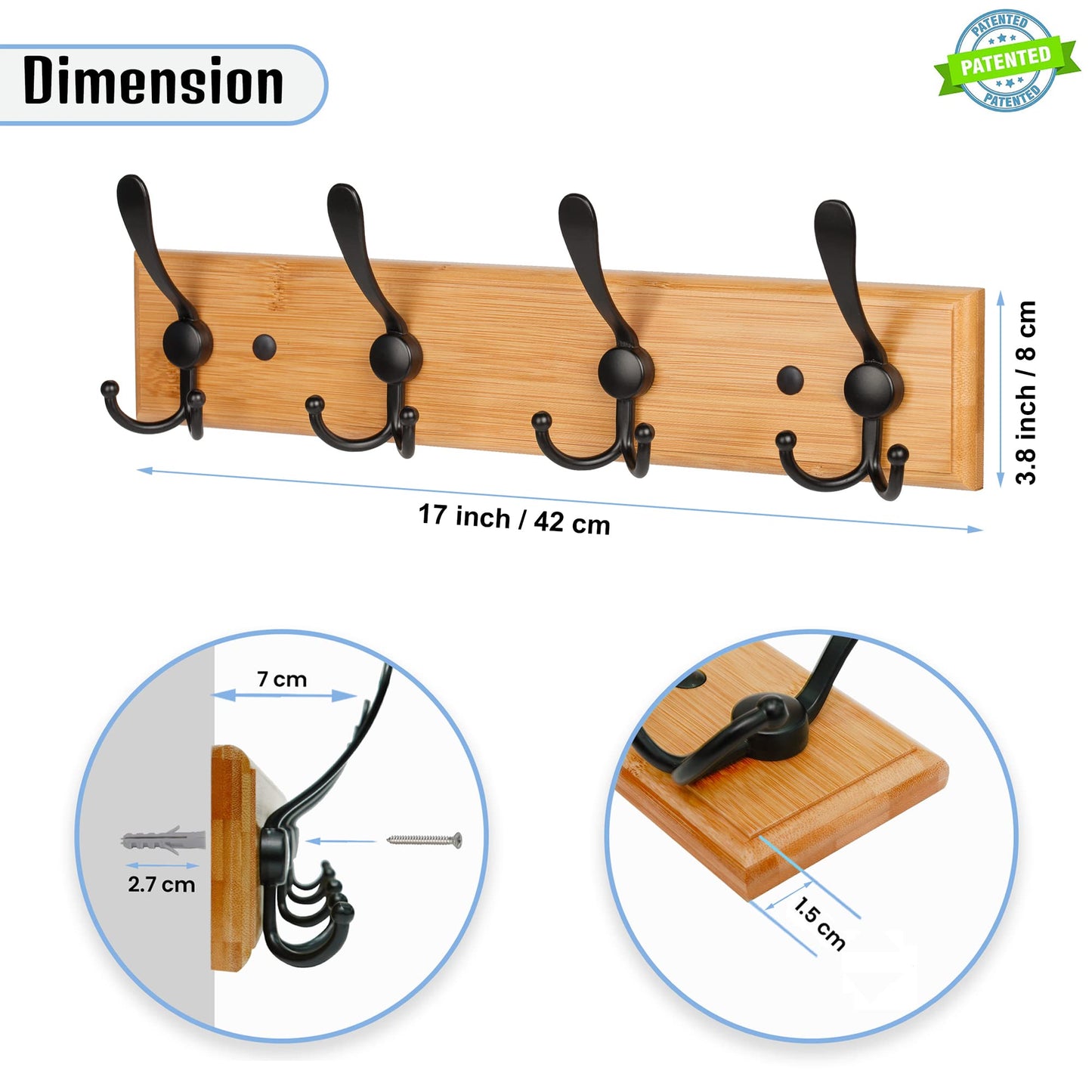 GlazieVault Bamboo Coat Hooks for Wall - Stainless Steel Coat Racks (2 Pack) - Heavy Duty Wooden Coat Hook Wall Mounted