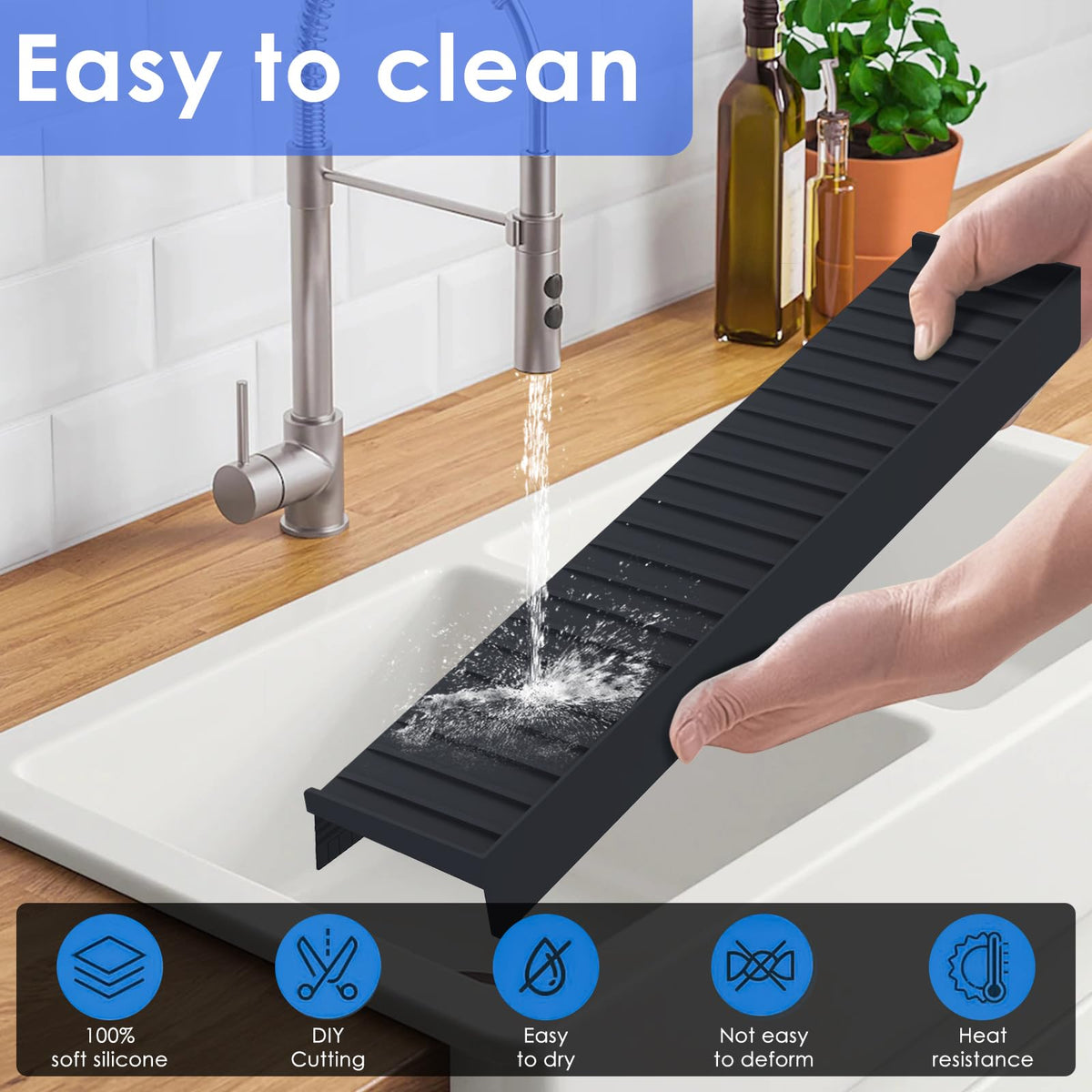 Adorila Silicone Edge Protector Splash Guards, 6" x 20" Bathtub & Kitchen Sink Edge Guard Black