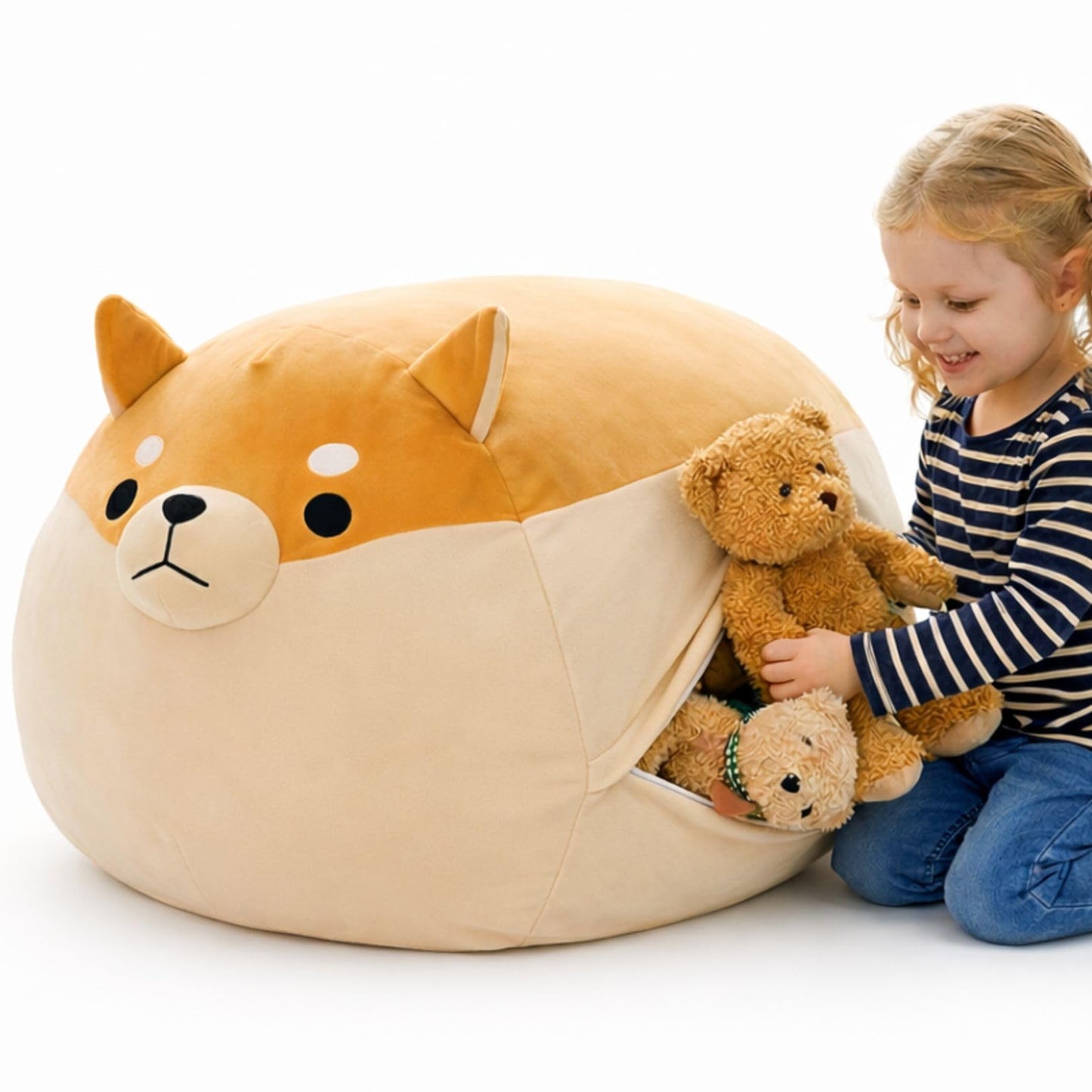 ELOVIA Soft Toy Storage Ottoman, No Stuffing Cover, Shiba Design, Toy Organizer for Kids Room, with Zipper (Shiba Beige)