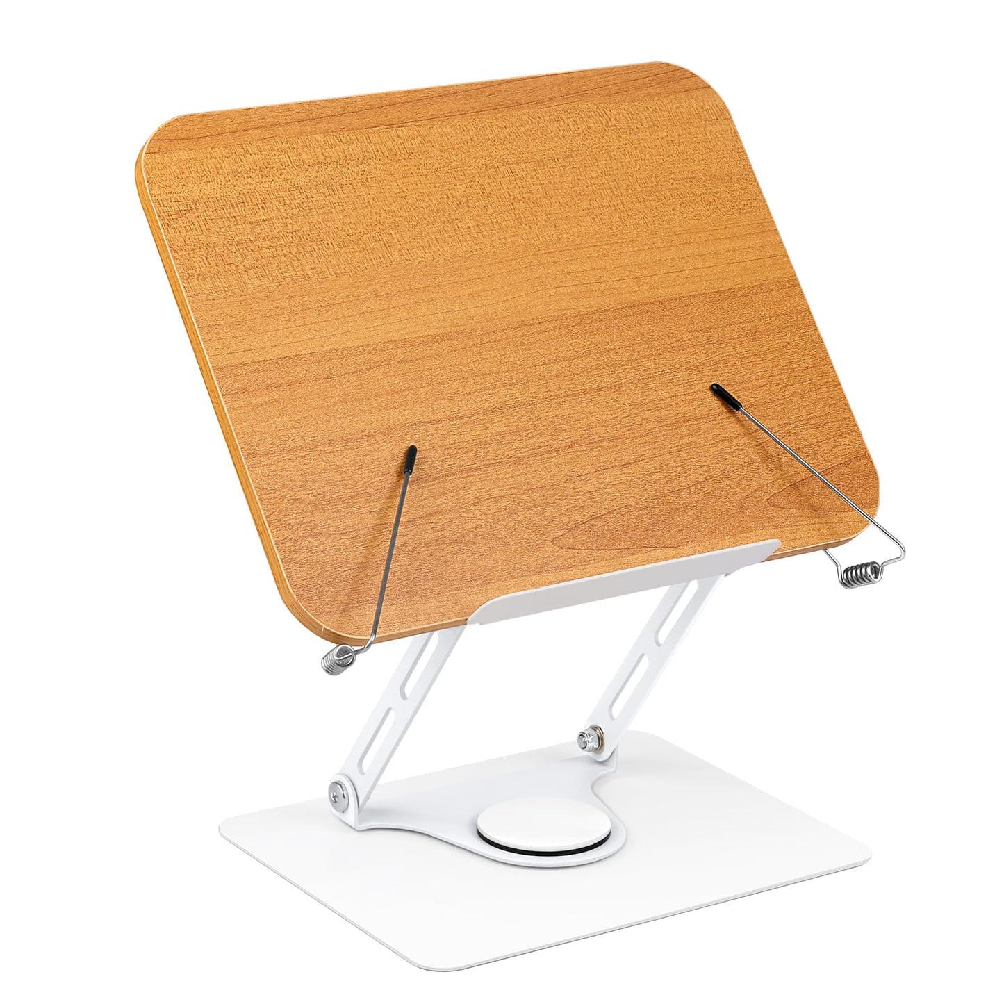 Wooden Book Stand for Reading, 360°Adjustable Book Holder Foldable Recipe Cook Book Stand for Kitchen Book Display Stand with Elastic Page Clips for