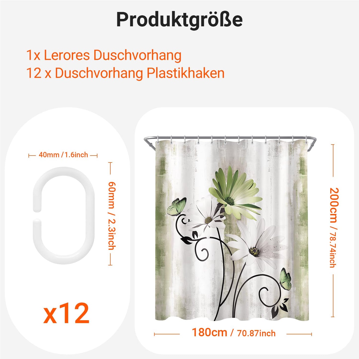 Shower Curtain, 180 x 200 cm, Sage Green Daisies Motif, Weighted Hem, Anti-Mould, Water-Repellent