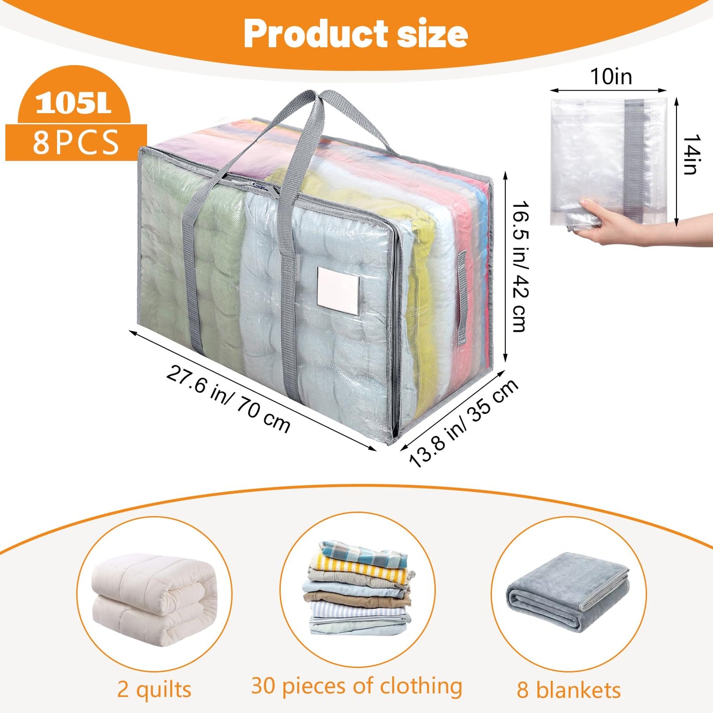 Dntorx 8 Pack 105L Moving Bags Clothes Storage Bags Drom Packing Box, Grey