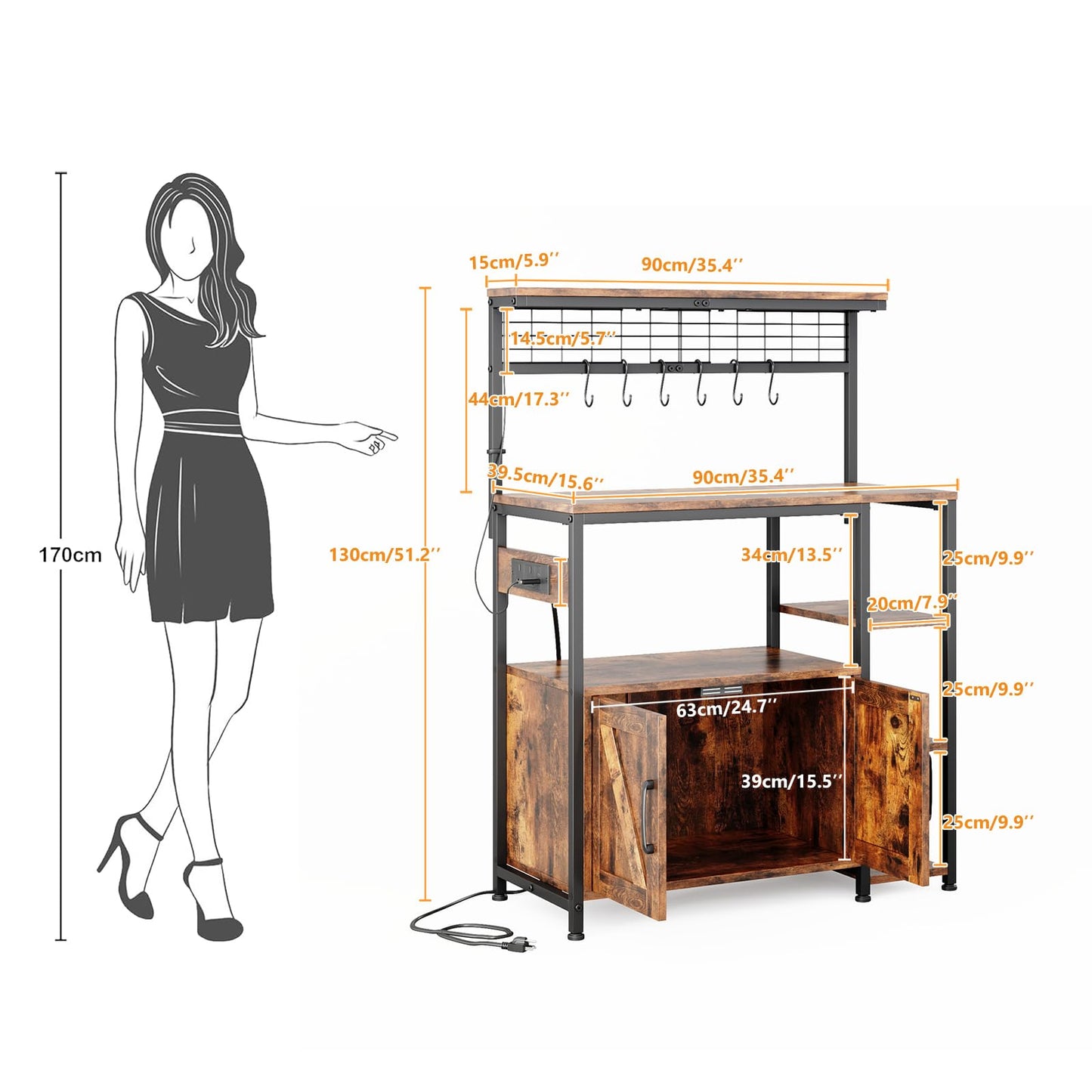 MUTUN Bakers Rack with Power Outlet, 6-Tier Kitchen Storage Rack with 6 S-Hooks, Microwave Stand Coffee Bar for Kitchen Dining Room