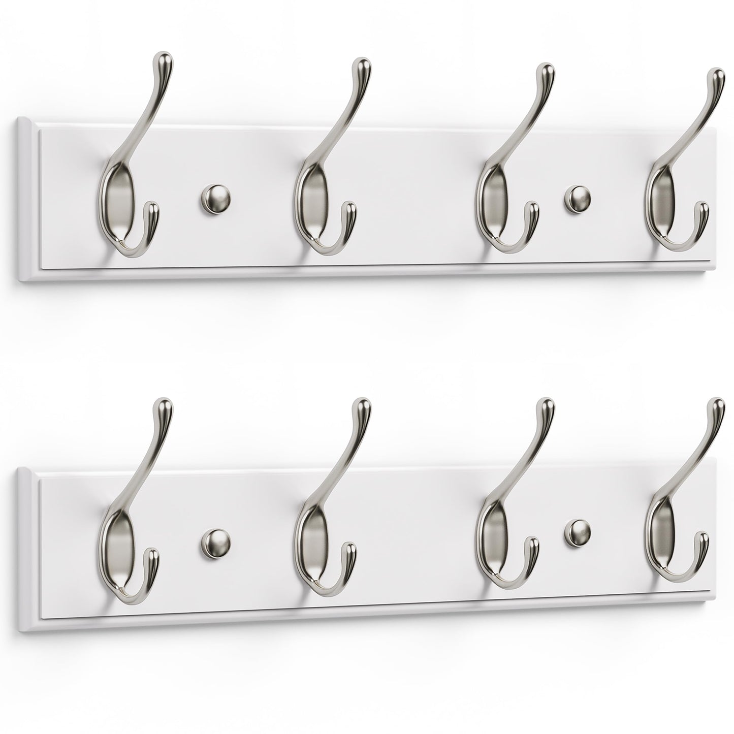 LARHN White Wall-Mounted Coat Rack, 2-Pack - 4 Matt-Nickel Coat Hooks, 42cm