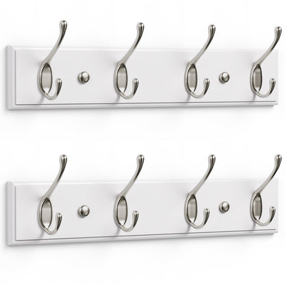 LARHN White Wall-Mounted Coat Rack, 2-Pack - 4 Matt-Nickel Coat Hooks, 42cm