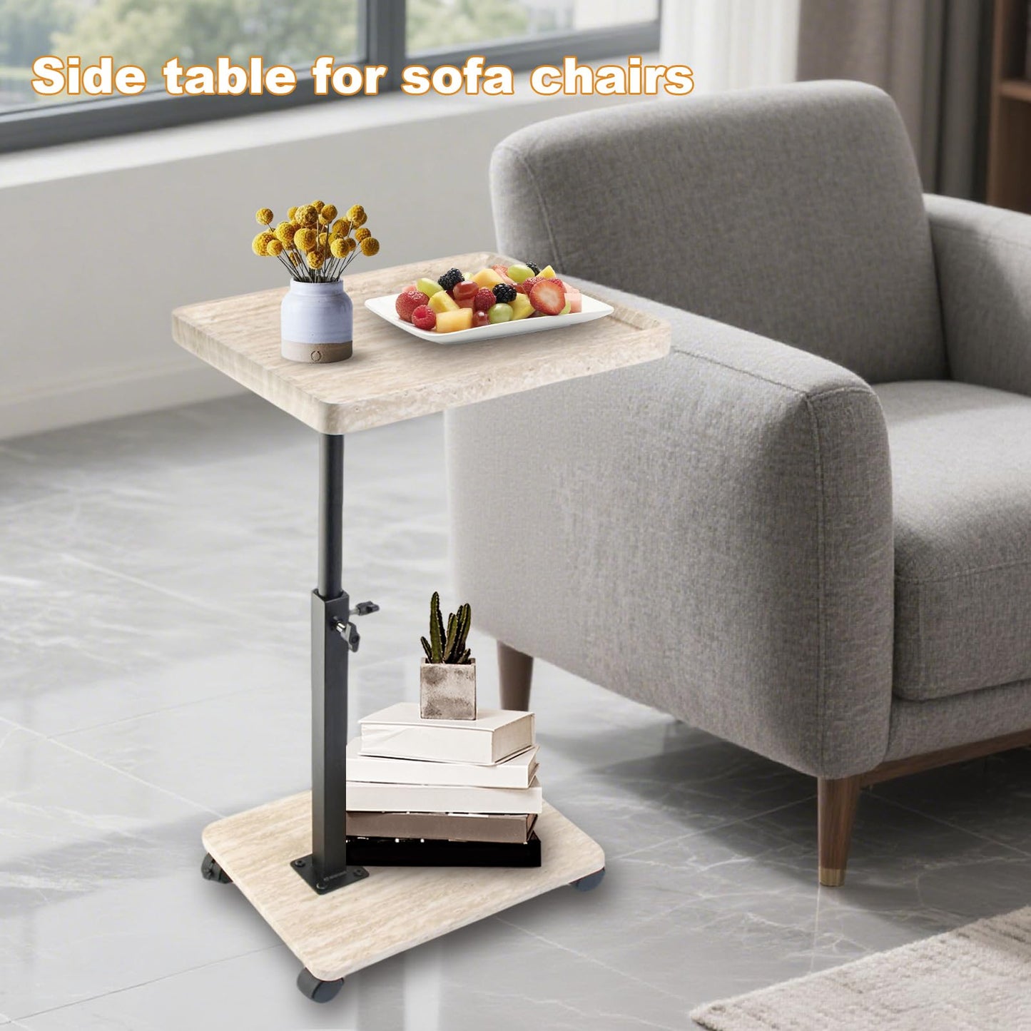 YYW C-Shaped Side Table TV Tray With Rolling Wheels, Height Adjustable