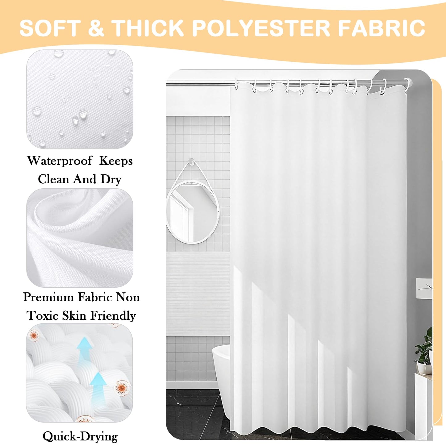 AmzDaKai Shower Curtain PEVA, Waterproof Anti-Mould Bath Curtain with Weight Tape & 12 Hooks, 180x180 cm (71x71 Inch) for Bathroom (White)