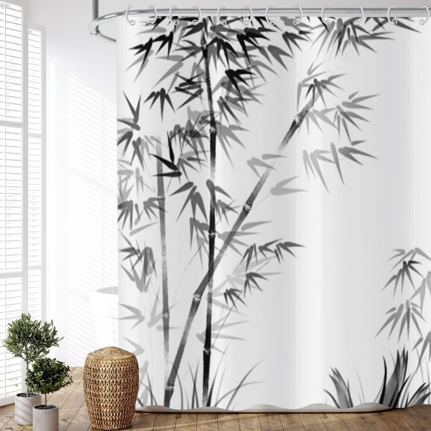 ASDCXZ Shower Curtain Bamboo 180x200 cm, Elegant Simple Black Bamboo Leaves Washable Bath Shower Curtains Polyester Textile Waterproof Outdoor Shower