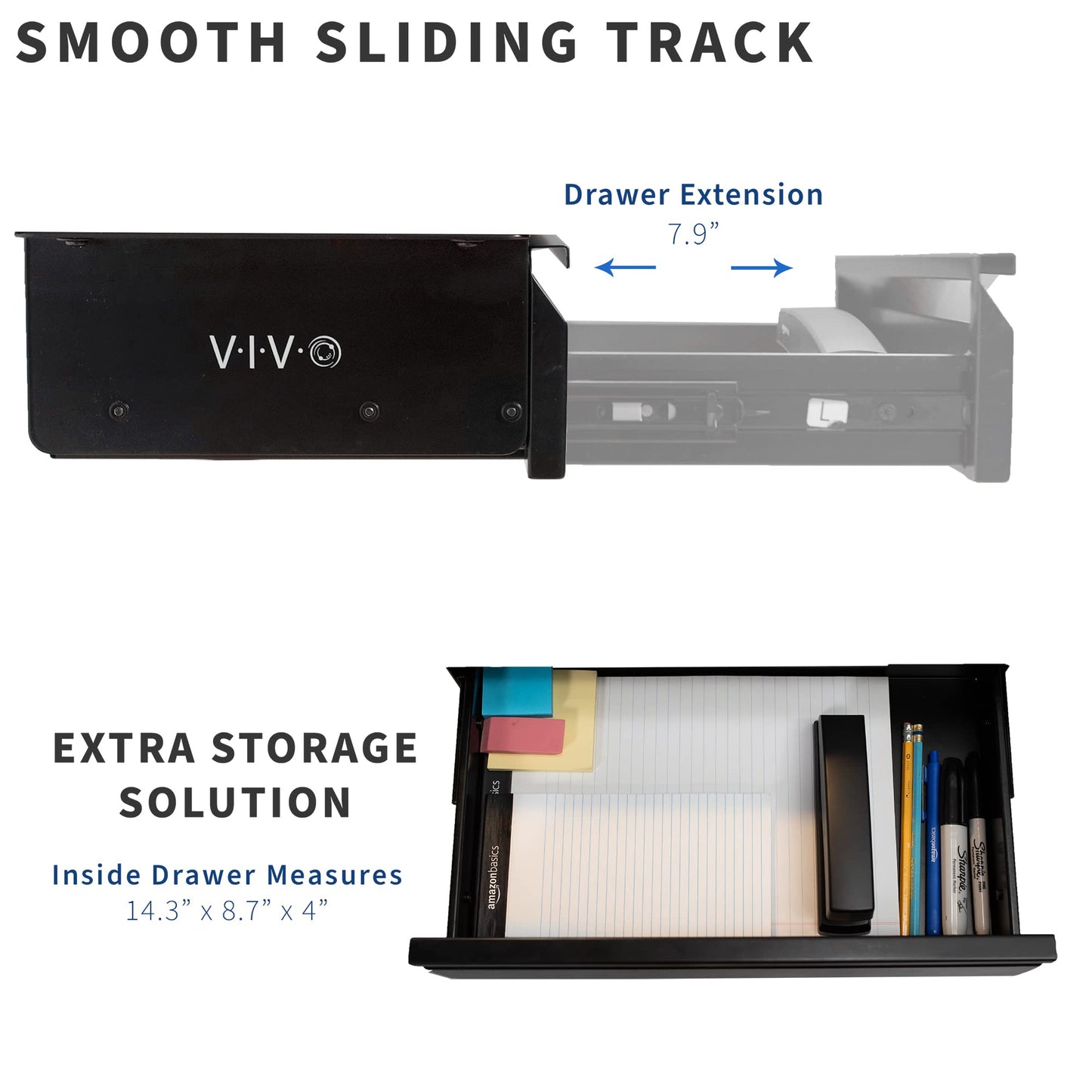 VIVO 40 cm Under Desk Mounted Sliding Pull-out Drawer without Shell for Office Desk, Storage Organizer for Sit Stand Workstation, Black, DESK-AC03A-B
