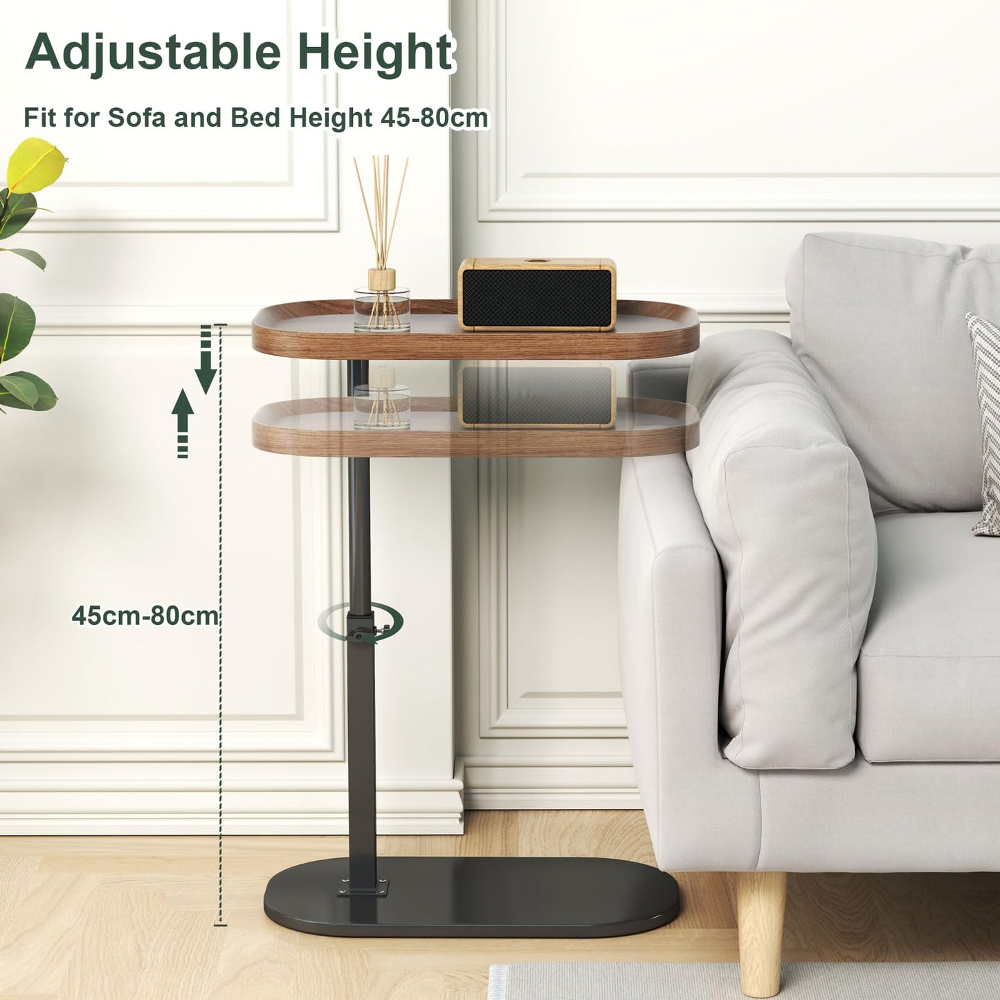 YUTVCZO Adjustable Height C Shaped Side Table, 360°Swivel Sofa C Tables That Slide Under, Small Tv Tray for Sofa Arm and Bedside