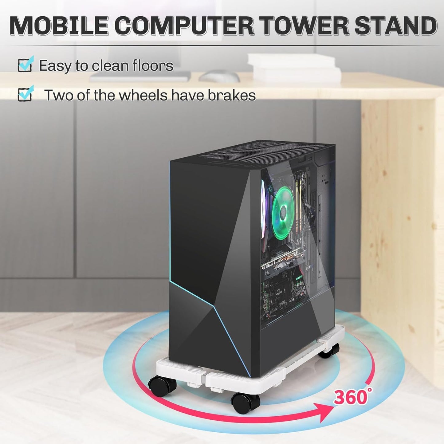 Hmseng Pc Tower Stand, Adjustable Mobile CPU Stand with 4 Rolling Caster Wheels, Fits Most PC Under Desk-White