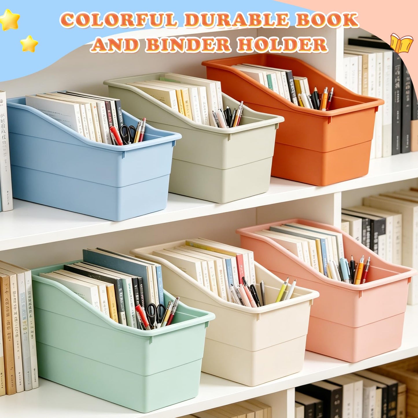 6pcs Book and Binder Holder, Stackable Files Book Bins, Book Organizer