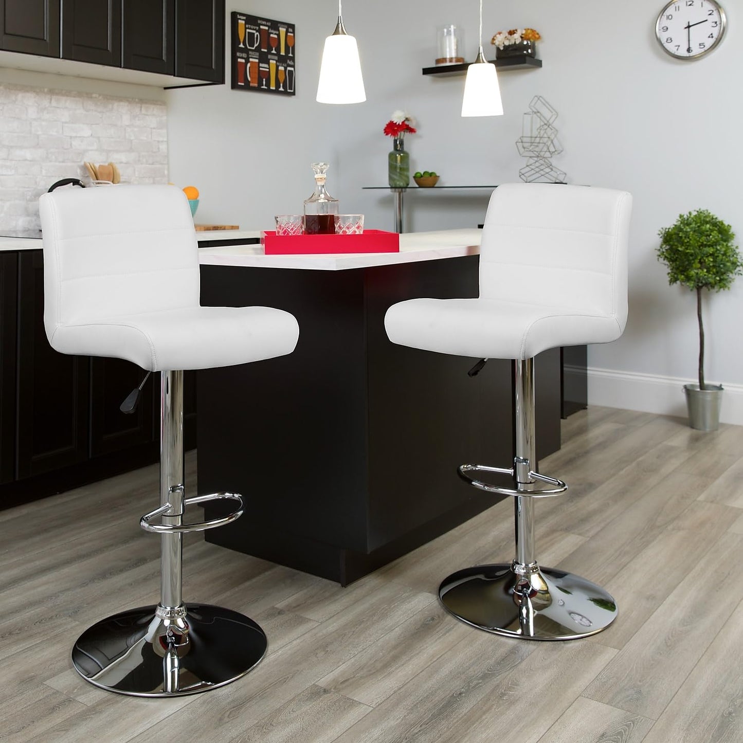 Flash Furniture Marietta 2 Pack Contemporary White Vinyl Adjustable Height Barstool with Rolled Seat and Chrome Base