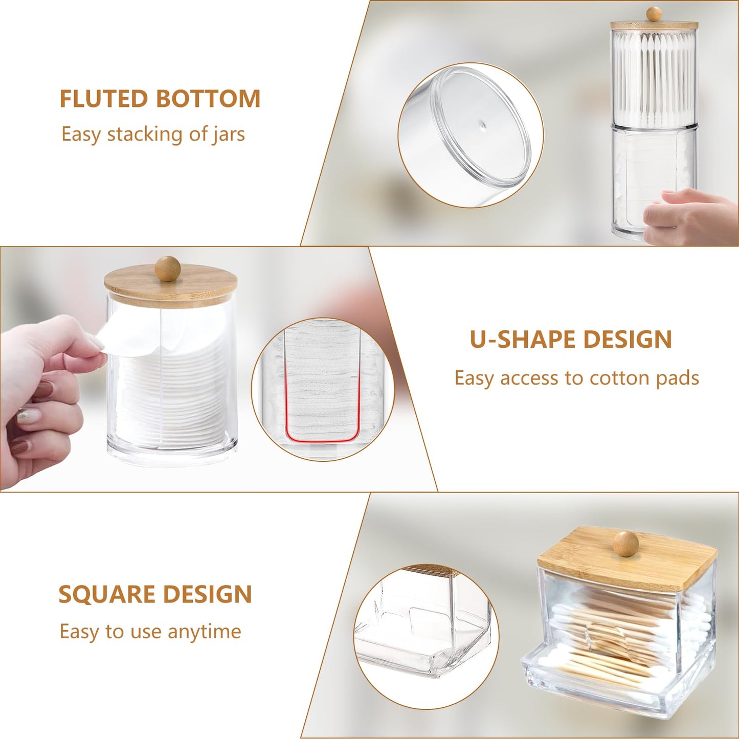 3 Pcs Cotton Pad Holder, Cotton Wool Bud/Swab/Ball Holder, with Bamboo Lid