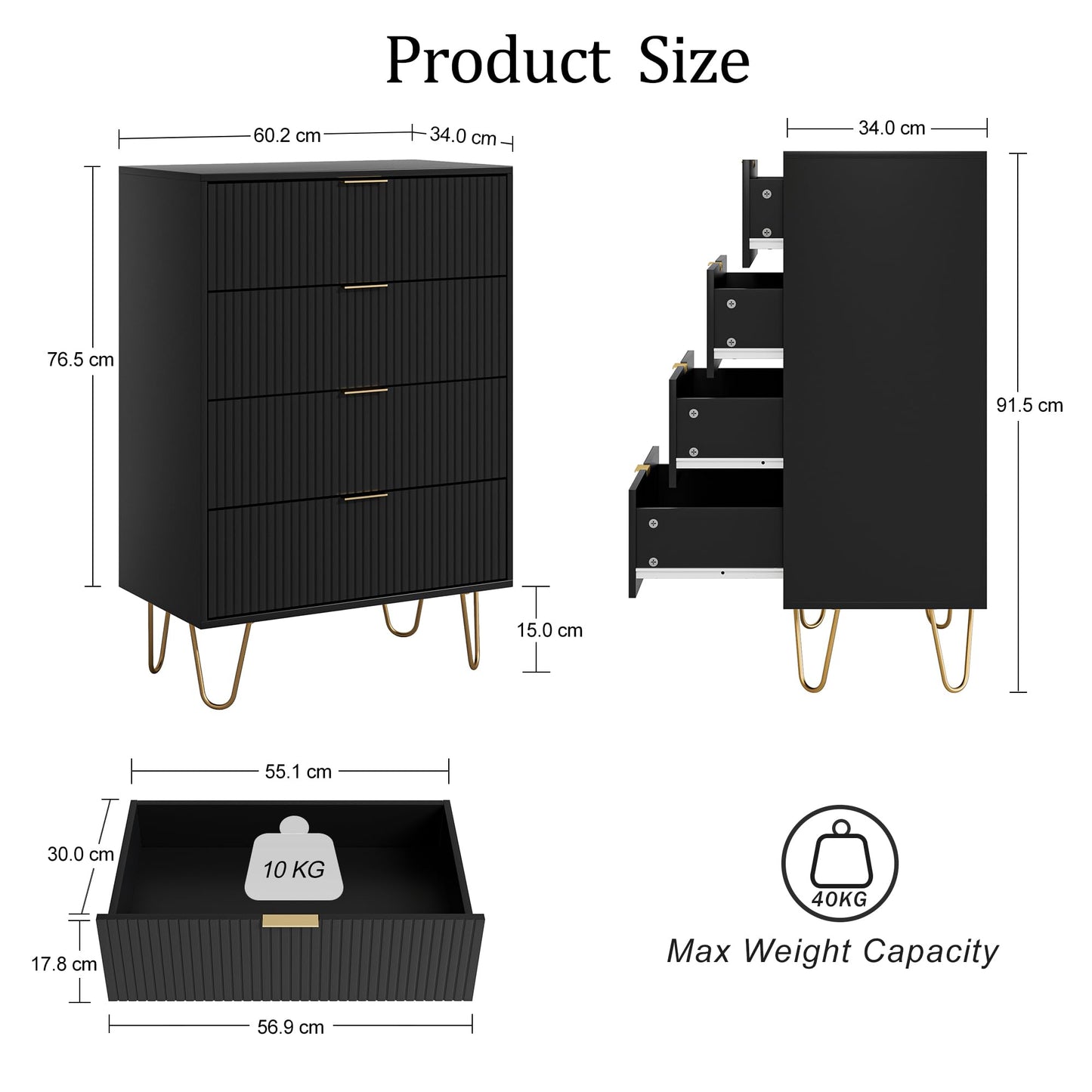 HEYZOEY Chest of 4 Drawers for Bedroom, 60x34x91cm, Wood Storage Dresser Bedroom Furniture Cabinet for Living Room,Office,Lounge,Black