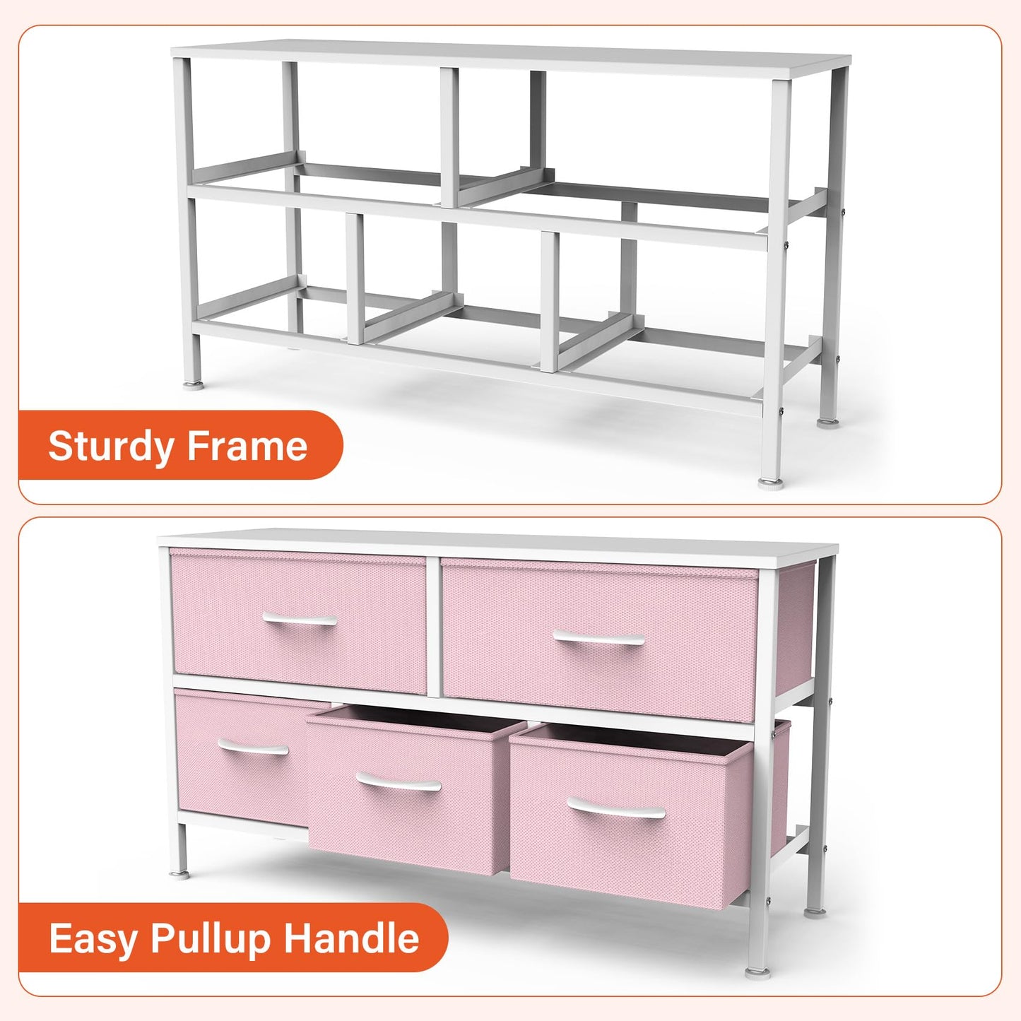 Feonase Bedroom Chest of Drawers, 5 Fabric Drawers Dresser with Metal Frame and MDF Top Board, Modern Storage Unit for Bedroom Living room, Entryway