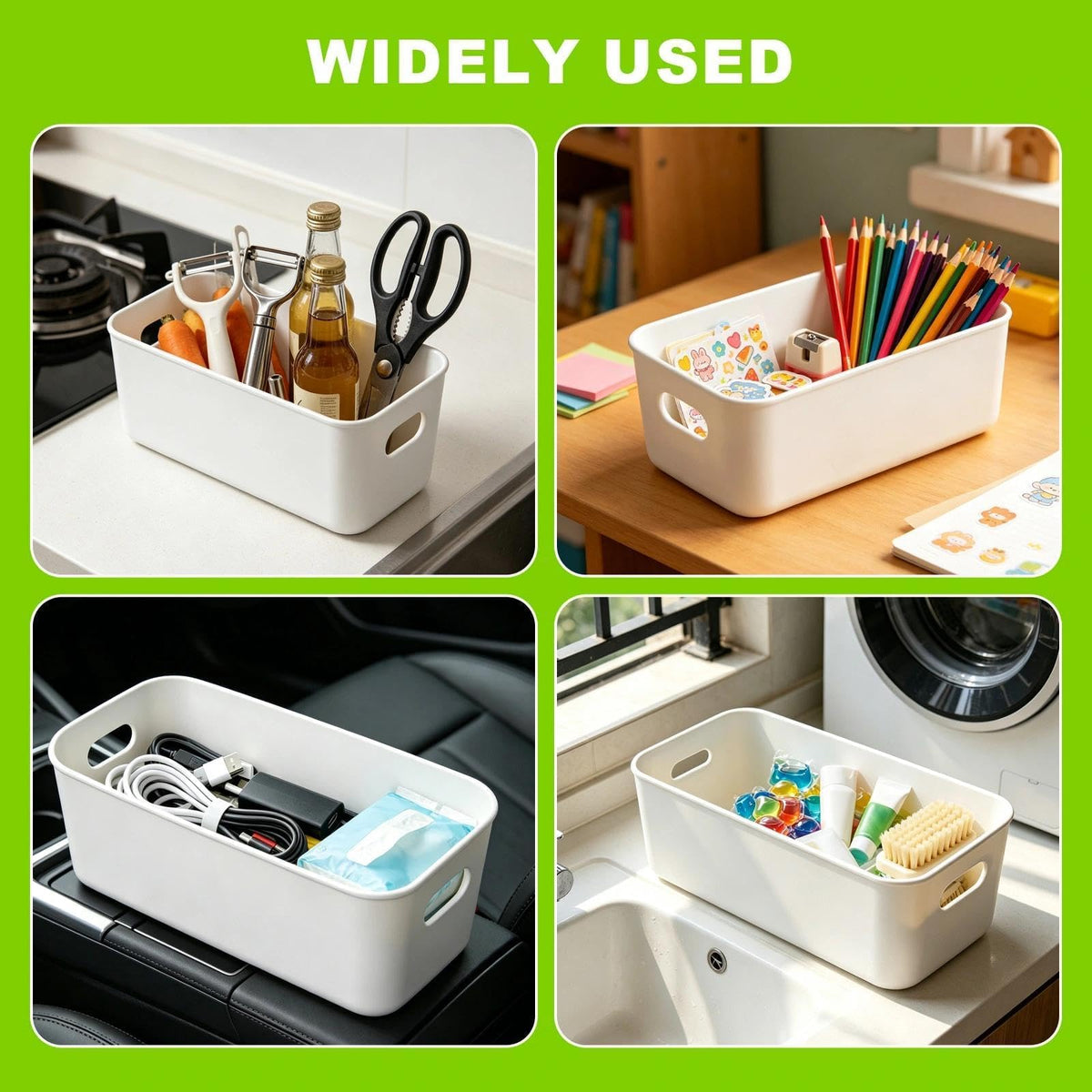 6 Pcs White Plastic Storage Baskets with Handles, 26.8×8.8×9.5cm White Rectangle Storage Boxes for Shelves and Drawersnarrow