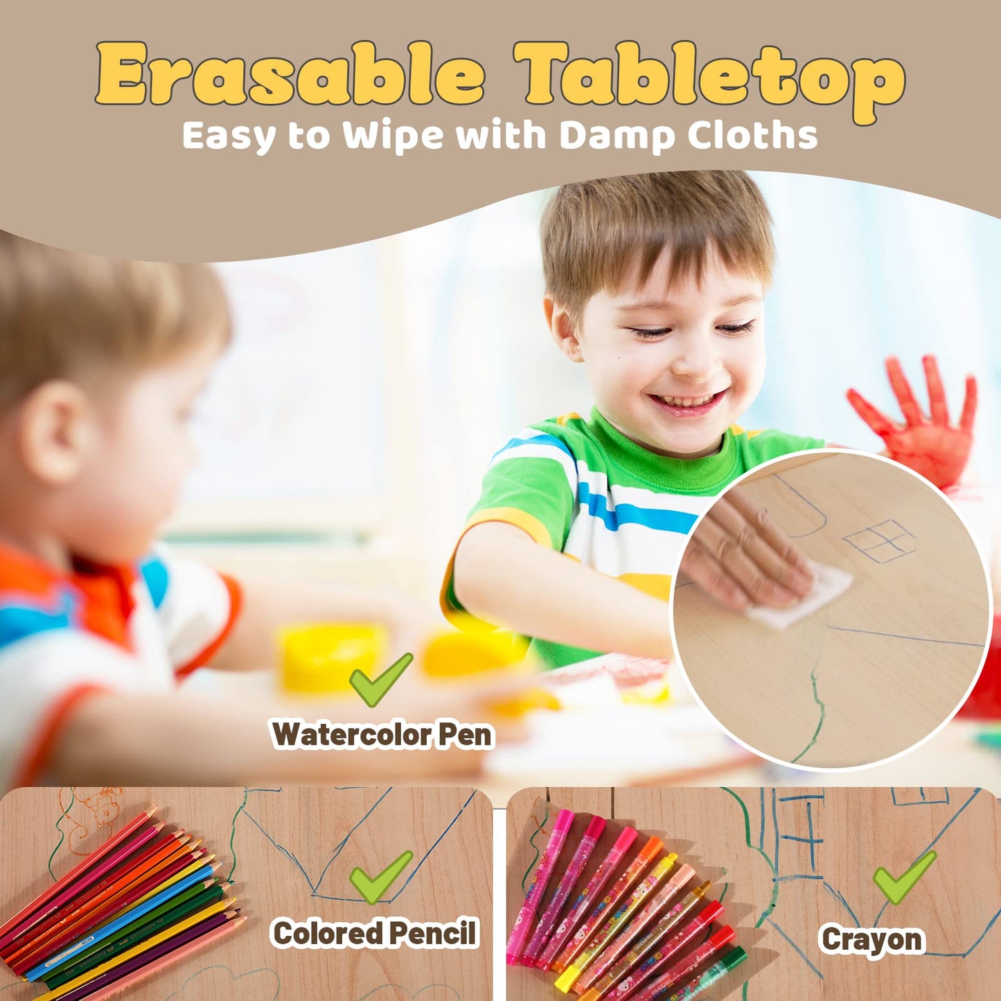 FUNLIO Kids Table and 2 Chairs Set, Height Adjustable Toddler Table and Chair Set for Ages 3-8, Easy to Wipe Arts & Crafts Table, for