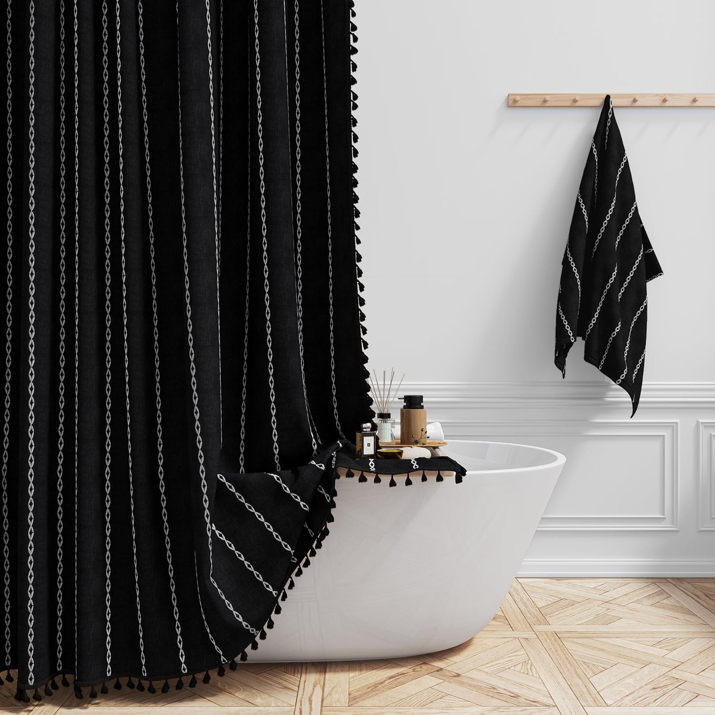 BTTN Long Boho Farmhouse Striped Weighted Shower Curtain, 183x201cm, Black