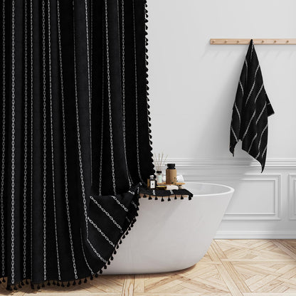 BTTN Long Boho Farmhouse Striped Weighted Shower Curtain, 183x201cm, Black
