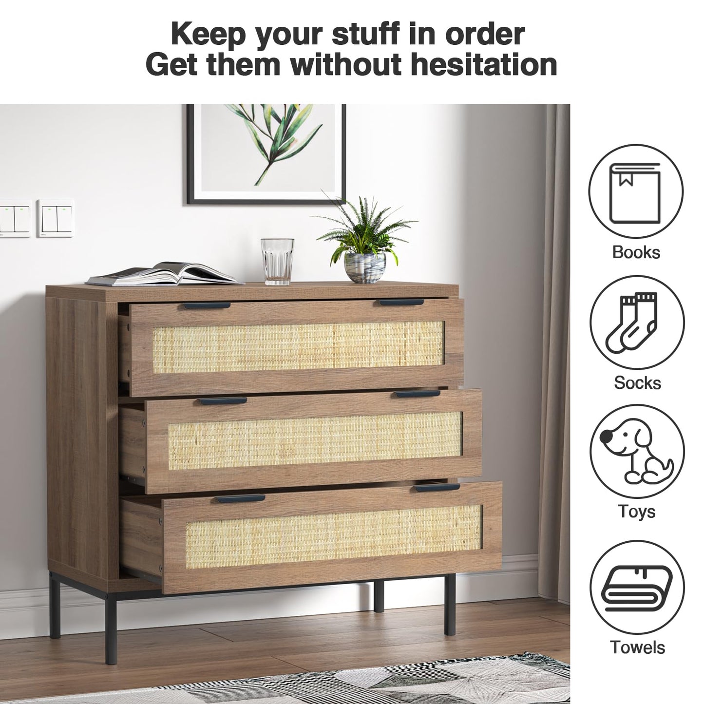 Yvsevnr Rattan Dresser for Bedroom Drawers for Clothes, Anti-Tipping, Wooden Closet Dressers Large Nightstand Bedside Storage Cabinet Unit with Metal