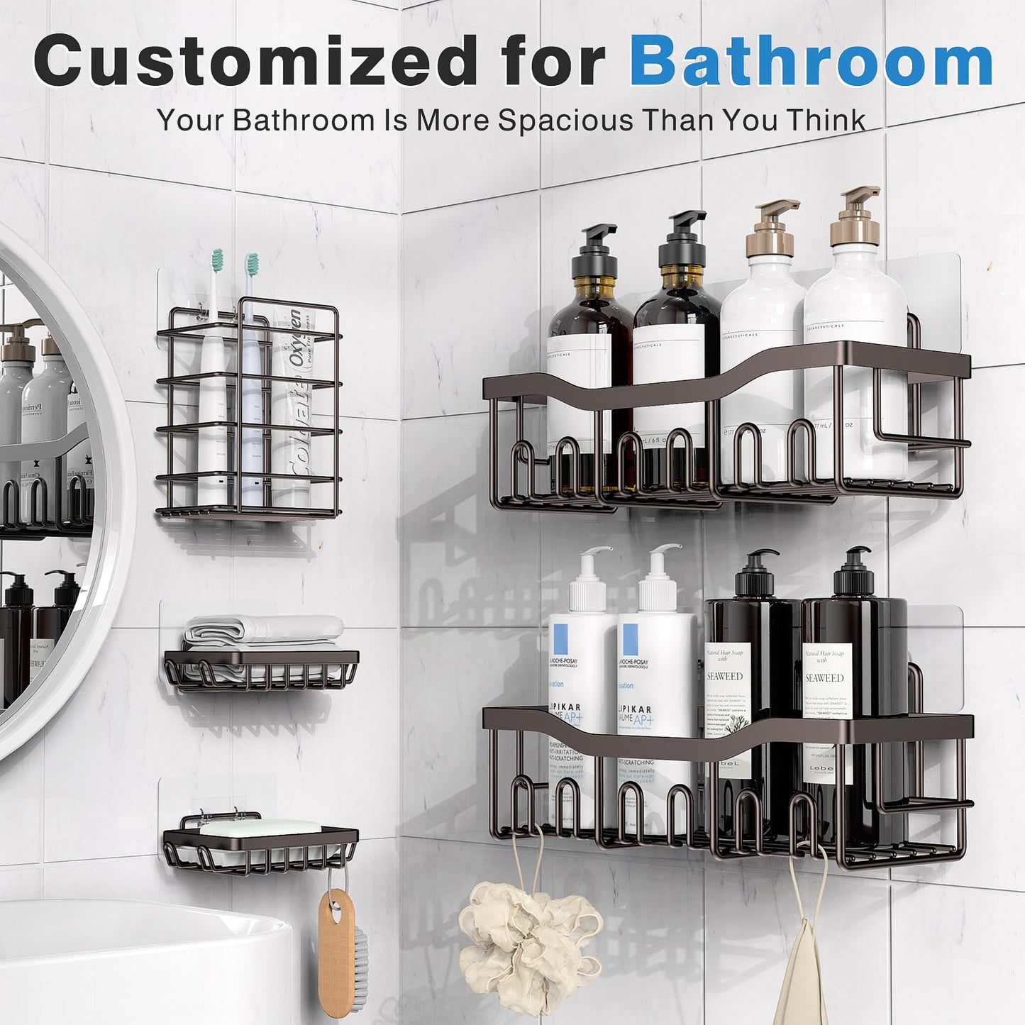Eudele Shower Caddy 5 Pack,Adhesive Organizer for Bathroom Storage&Home Decor&Kitchen,No Drilling,Large Capacity,Rustproof Stainless Steel