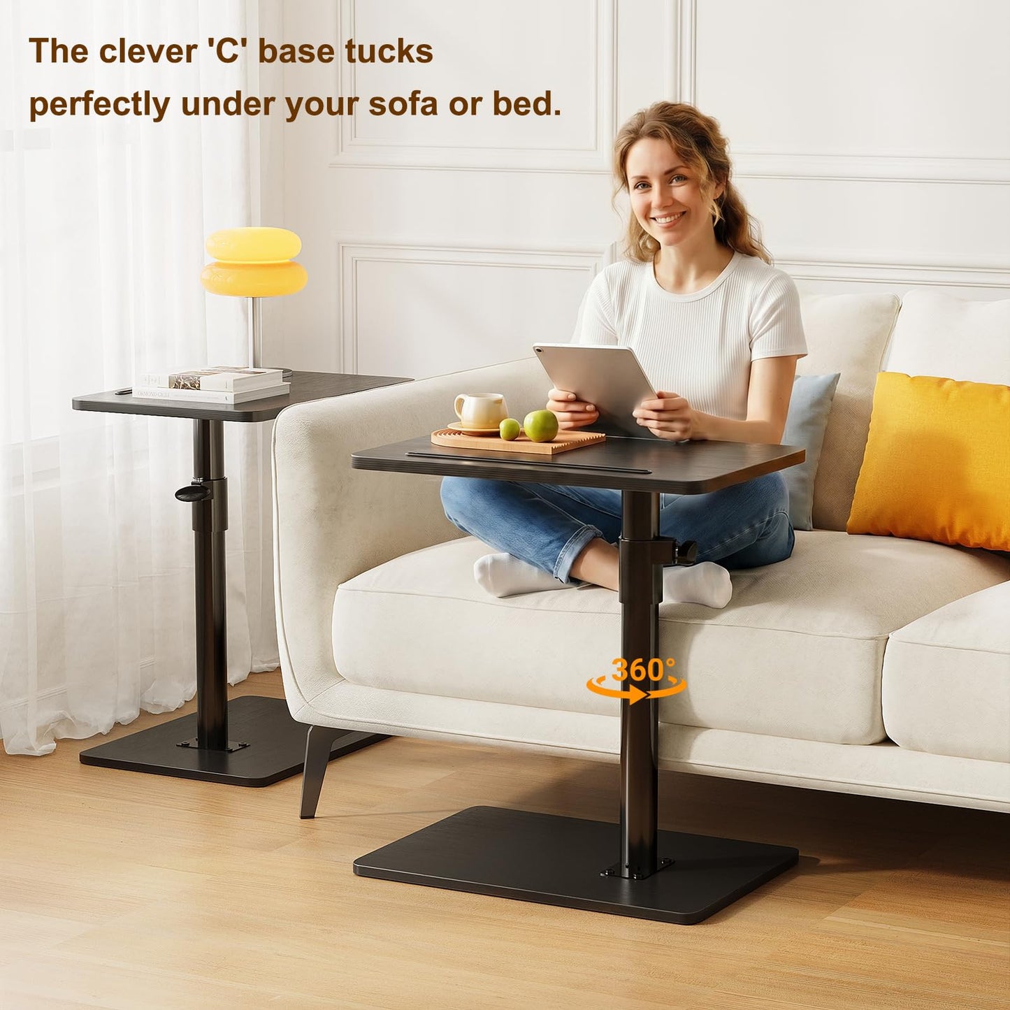 CAIYUN C Shaped Side Table, Height Adjustable Swivel 360° Rotating, Black End Table Set of 2 for Small Spaces