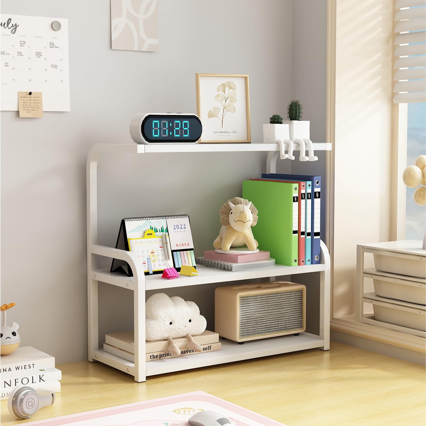 Numjeg Bookshelf 3-Tier Desktop Wood White Metal Rack Supplies Bedroom Shelf Big Bookcase Organizer Shelf for Top of Desk and Dresser Living Room