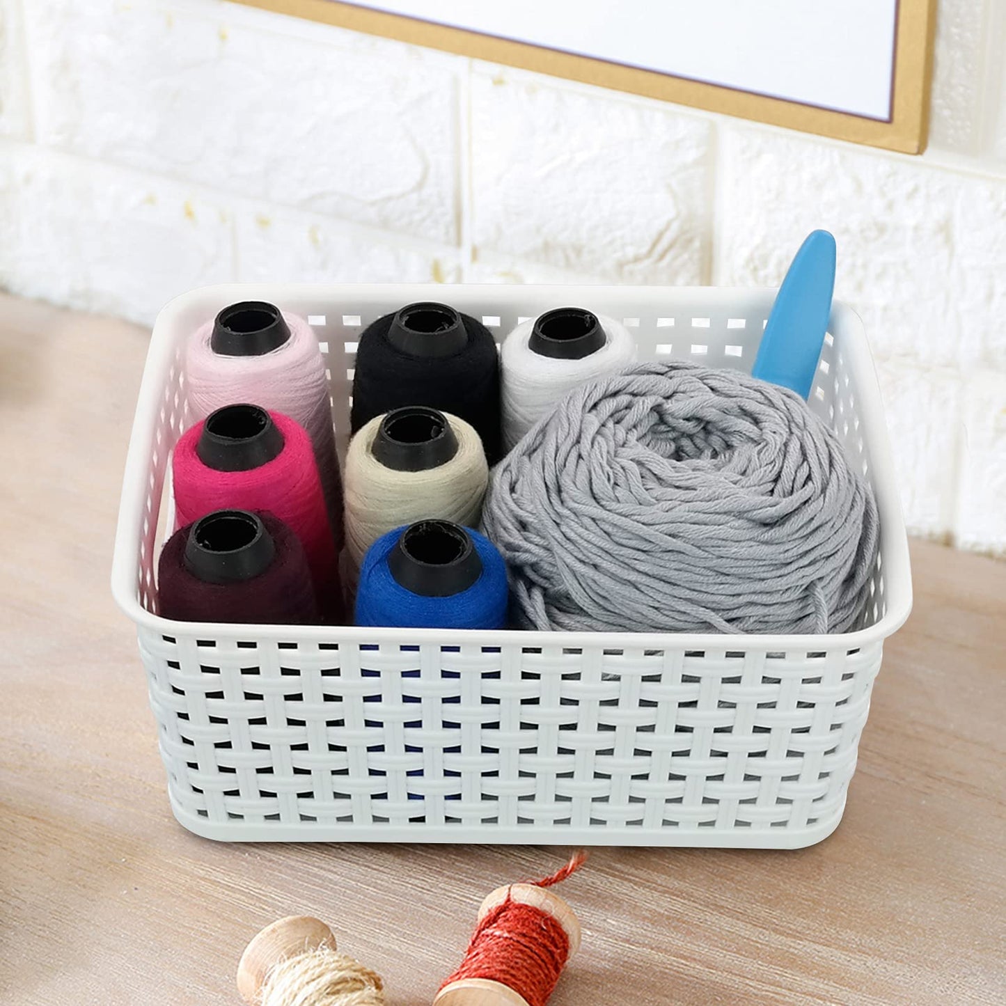 Vcansay Plastic Storage Basket, Woven Plastic Basket, White, 6 Packs